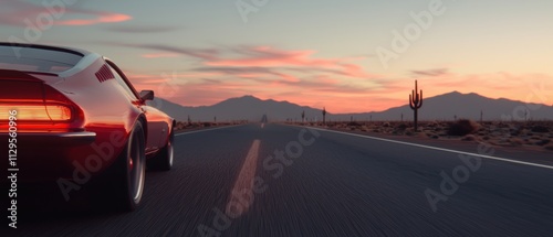 Red sports car driving on a long, straight road in the desert. the car is facing towards the right side of the image, with its rear end facing the viewer.