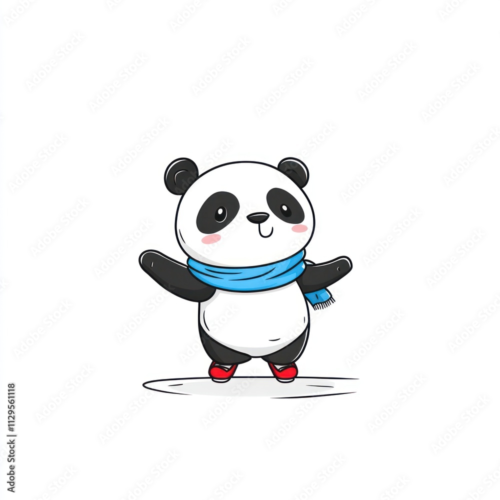 Cute cartoon panda wearing a scarf and skates on a white background. Cute cartoon panda wearing a scarf and skates on a white background.