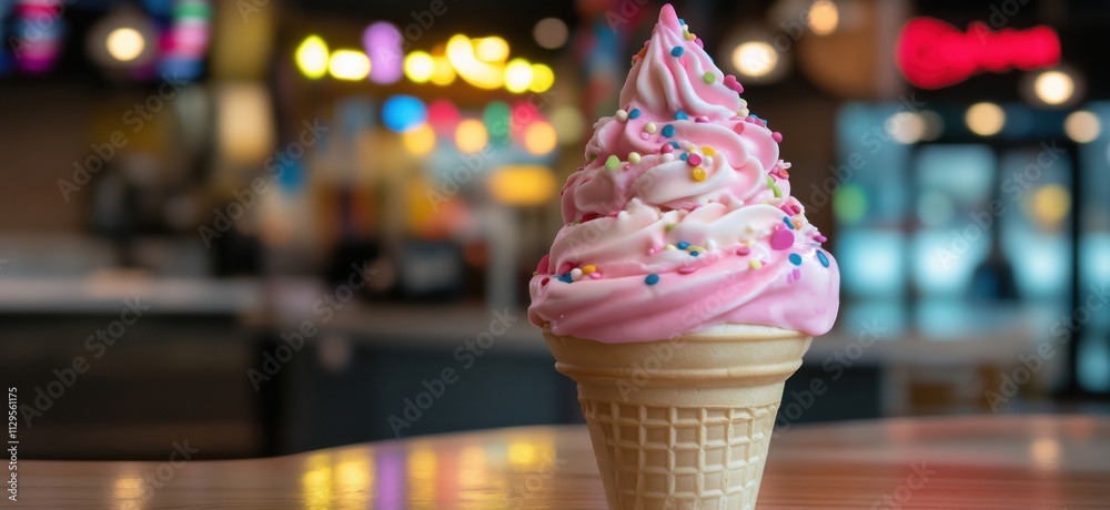 Ice cream cone with pink frosting and sprinkles, vibrant background, soft focus, dessert, sweet treat, copy space for text Ice cream cone with pink frosting and sprinkles, vibrant background, soft focus, dessert, sweet treat, copy space for text