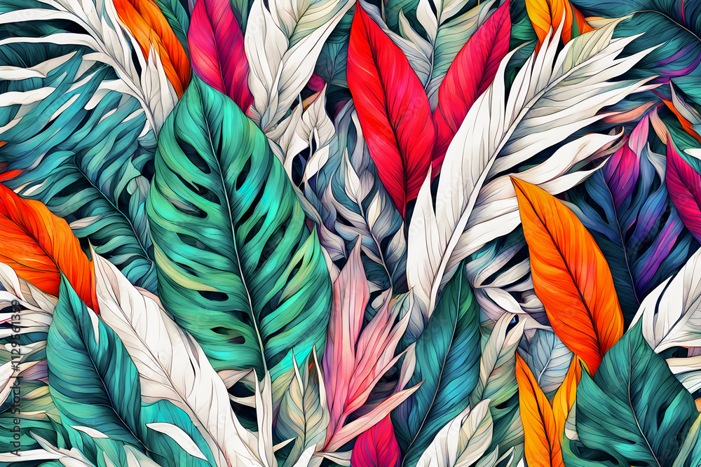 Vibrant tropical foliage & colorful flowers seamless background Vibrant tropical foliage & colorful flowers seamless background