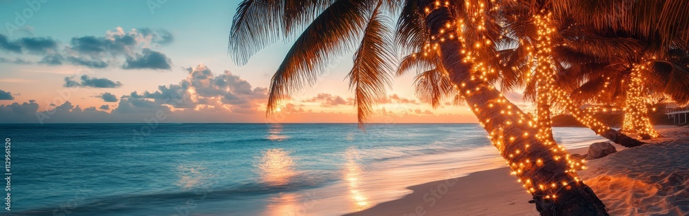 Tropical beach sunset with holiday-lit palm trees Tropical beach sunset with holiday-lit palm trees