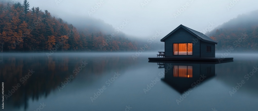 Fototapeta premium Small cabin on a small island in the middle of a lake. the cabin is made of wood and has a sloping roof. it has a small window on the front and a door on the side.