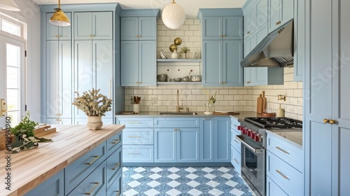 Stylish kitchen with pale blue cabinets, butcher block countertops, brass hardware, and geometric tile floor in coastal cottage,