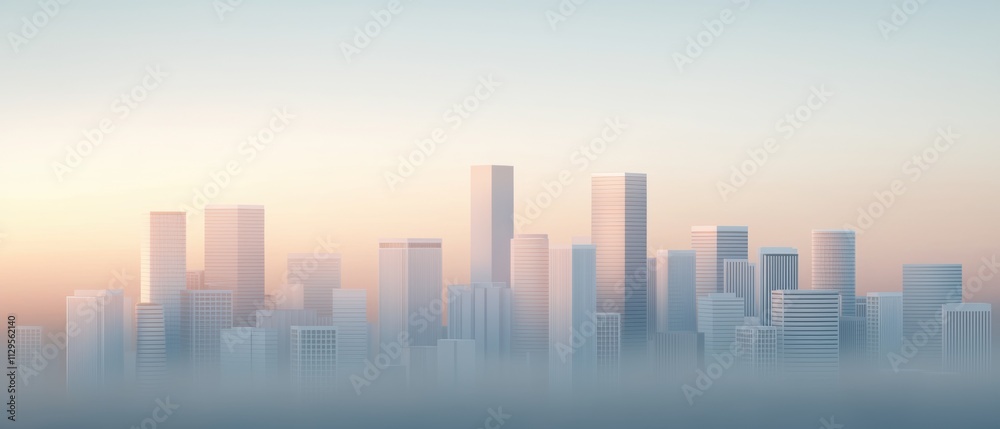 Digital illustration of a city skyline at sunrise or sunset. the sky is a gradient of orange and pink hues, with the sun partially visible on the left side of the image.