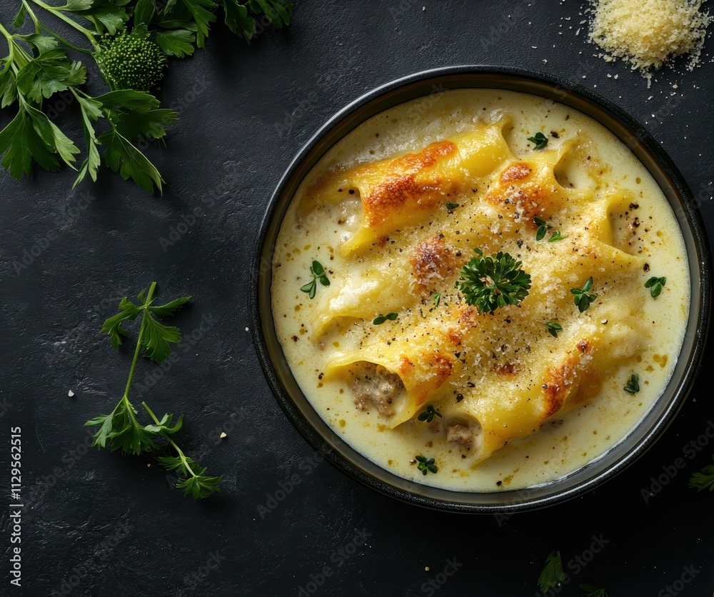 Baked cannelloni filled with meat and topped with cream sauce and cheese on a dark surface Baked cannelloni filled with meat and topped with cream sauce and cheese on a dark surface