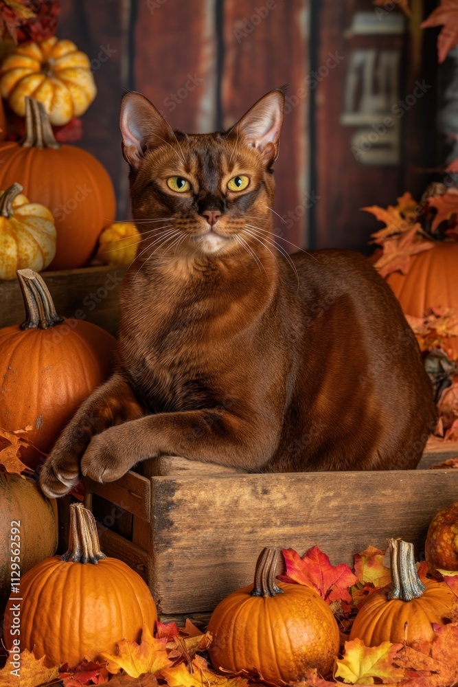 Abyssinian cat sitting in a wooden crate surrounded by pumpkins and autumn leaves. Abyssinian cat sitting in a wooden crate surrounded by pumpkins and autumn leaves.