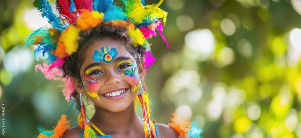 Colorful carnival celebration, girl with vibrant feathers and face paint, joyful expression, nature background, copy space for text Colorful carnival celebration, girl with vibrant feathers and face paint, joyful expression, nature background, copy space for text