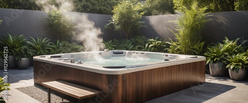 Modern hot tub in lush garden.