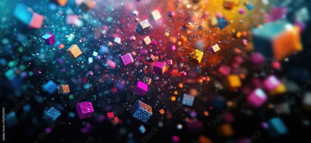 Colorful floating cubes in space, vibrant particles, abstract design, 3D rendering, dynamic composition, copy space for text Colorful floating cubes in space, vibrant particles, abstract design, 3D rendering, dynamic composition, copy space for text