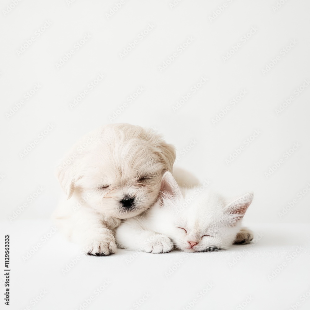 Adorable fluffy white puppy and kitten sleeping together on white background. Adorable fluffy white puppy and kitten sleeping together on white background.