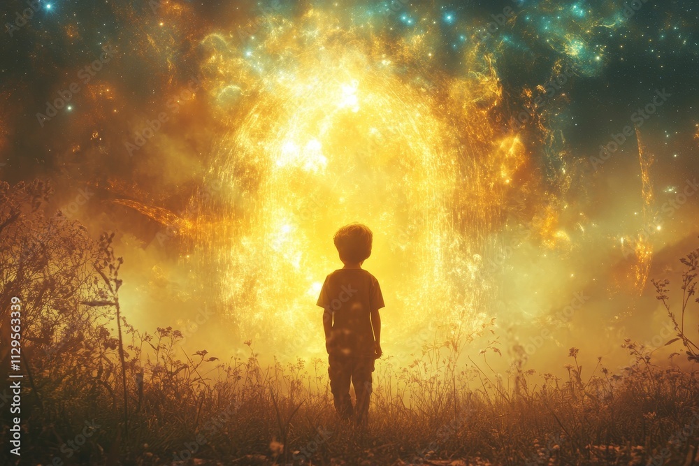 Fototapeta premium Child observes radiant celestial event, field.