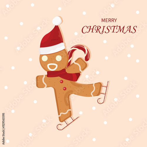 Christmas gingerbread with skates, Christams candy with Santa's hat and scarf.Merry Christmas poster.Traditional Sweet Xmas Ginger Biscuit Cartoon man.Vector design