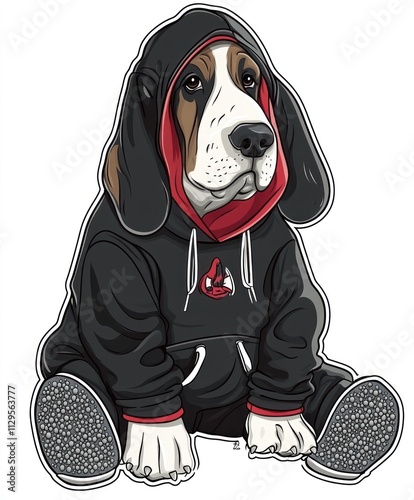 Adorable basset hound dog wearing a black hoodie and shoes, sitting. photo