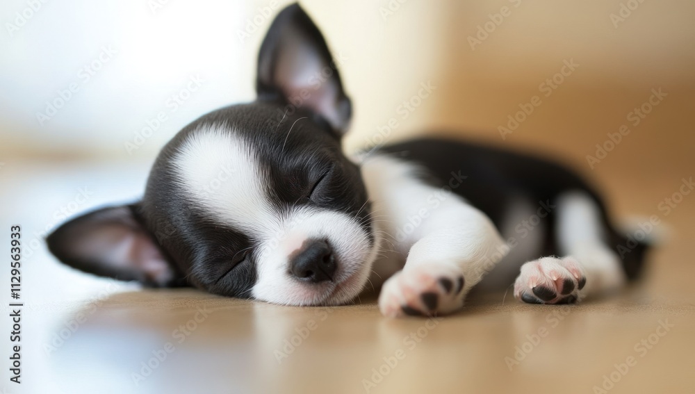 Adorable chihuahua puppy sleeping peacefully on wooden floor. Adorable chihuahua puppy sleeping peacefully on wooden floor.