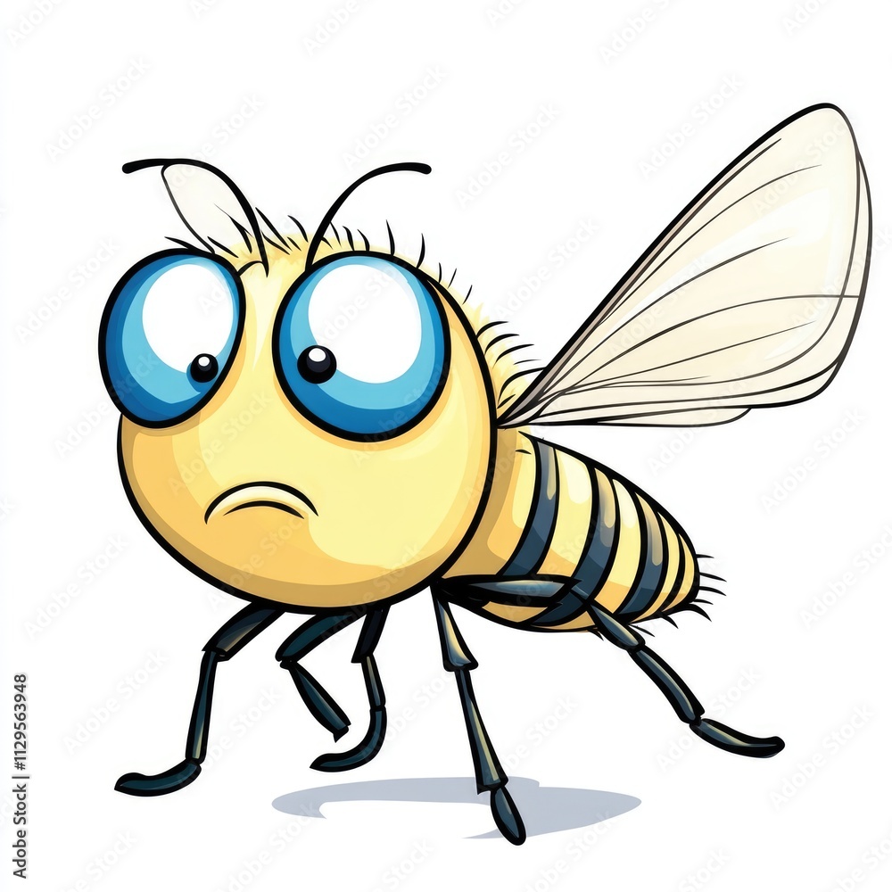 Whimsical Cartoon Fly: A Cute, Confused Insect Soaring on a White Background Whimsical Cartoon Fly: A Cute, Confused Insect Soaring on a White Background