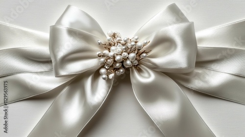 A close-up view of an elegant white ribbon bow adorned with pearls and decorative elements, perfect for gift wrapping or special occasions.