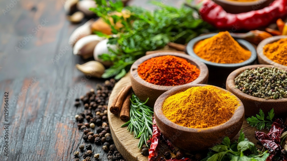 A stunning display of aromatic herbs and colorful spices fills a rustic wooden platter, ideal for enhancing Asian dishes. Fresh ingredients create a sensory feast, inviting culinary creativity A stunning display of aromatic herbs and colorful spices fills a rustic wooden platter, ideal for enhancing Asian dishes. Fresh ingredients create a sensory feast, inviting culinary creativity