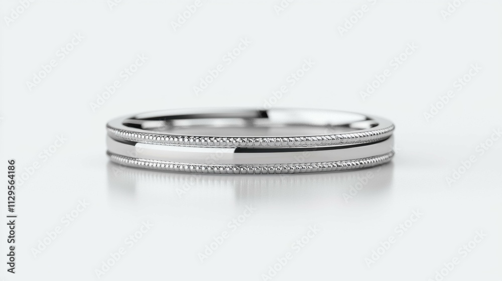 A close-up of a stylish silver ring featuring intricate detailing. The design showcases a polished finish, perfect for engagement or wedding.