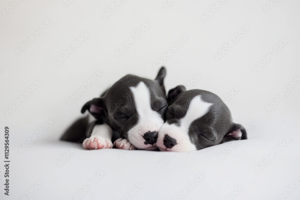 Two adorable newborn puppies cuddling and sleeping peacefully on a white background. Two adorable newborn puppies cuddling and sleeping peacefully on a white background.