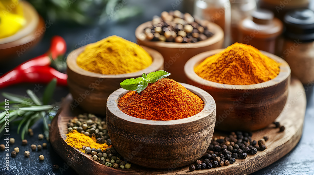 A variety of spices arranged on a kitchen table. A variety of spices arranged on a kitchen table.