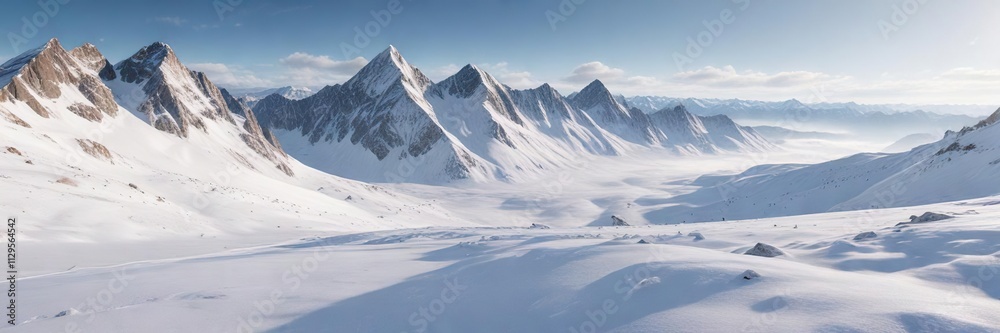 Wide-angle view of a snow-covered mountain range with a vast expanse of untouched white snow, snowy mountains, snowy hills, mountain landscape Wide-angle view of a snow-covered mountain range with a vast expanse of untouched white snow, snowy mountains, snowy hills, mountain landscape