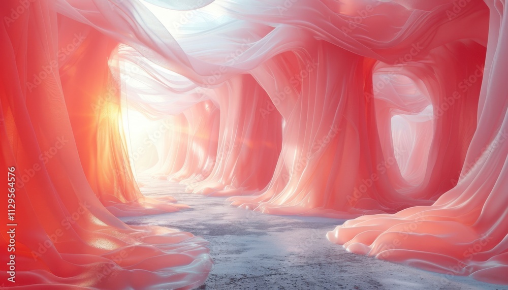 Fototapeta premium A pink tunnel with trees and a sun shining through it