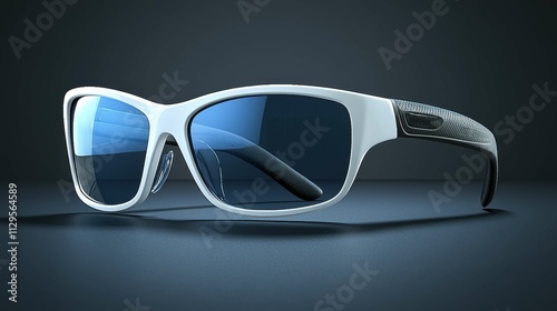 A sleek pair of white sunglasses lying on a dark surface. The design features tinted blue lenses and a stylish frame, ideal for summer trends. photo