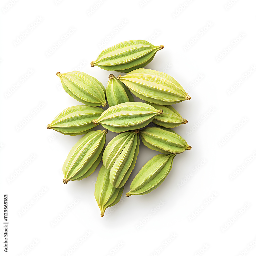 isolated on white background, bunch of green cardamom gleaming, close up shot, isolated on white background, bunch of green cardamom gleaming, close up shot,