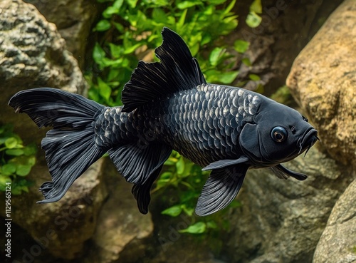 Black moor goldfish swimming in aquarium. photo