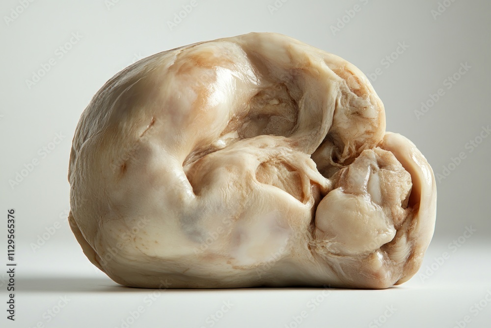 Close-up of a cooked, pale, lumpy, irregular-shaped meat. Close-up of a cooked, pale, lumpy, irregular-shaped meat.
