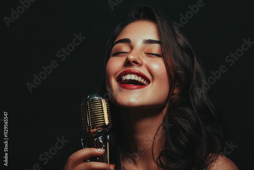 Elegant Female Vocalist with a Beautiful Smile Holding a Vintage Microphone Against a Black Background