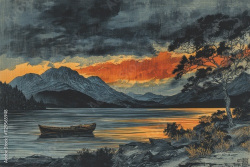 Sunset over a tranquil lake with a lone boat and distant mountains reflecting vibrant colors