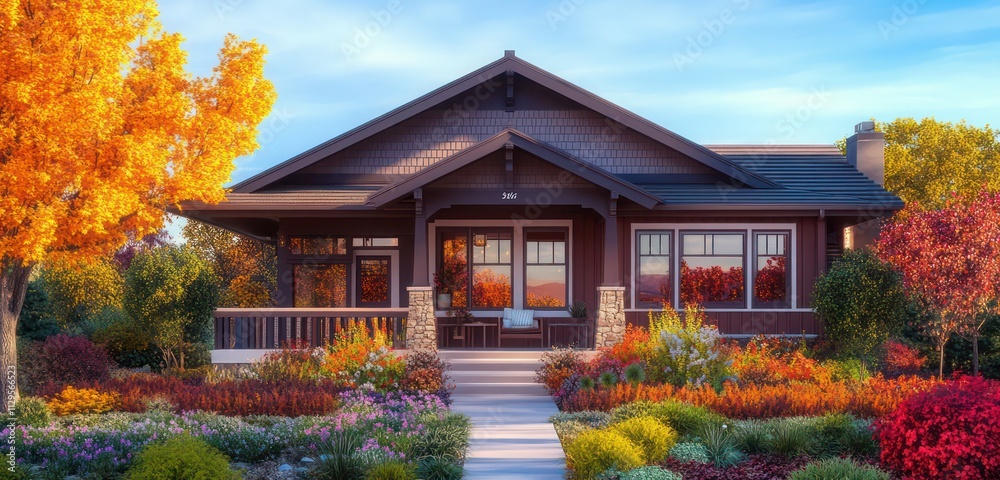 Fototapeta premium A Craftsman home with an inviting porch, surrounded by colorful flowering plants and small trees that give the house a warm and welcoming feel