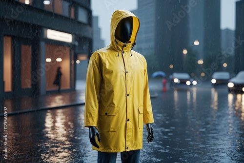 Stylish Yellow Raincoat 3D Mockup on Mannequin in Rainy Setting
