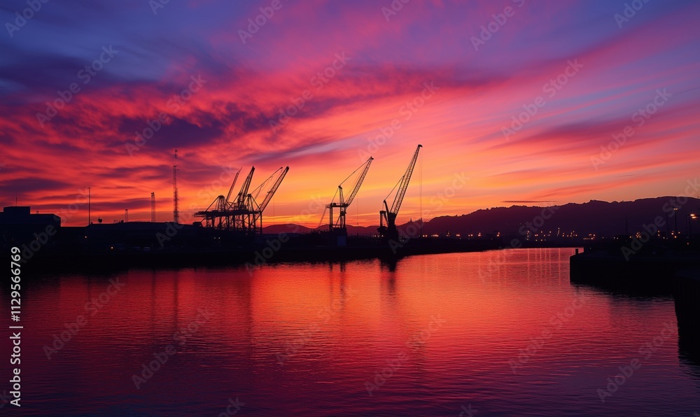 Sunset over harbor cranes reflecting on water, vibrant colors, silhouettes of cranes, calm water, industrial landscape Sunset over harbor cranes reflecting on water, vibrant colors, silhouettes of cranes, calm water, industrial landscape