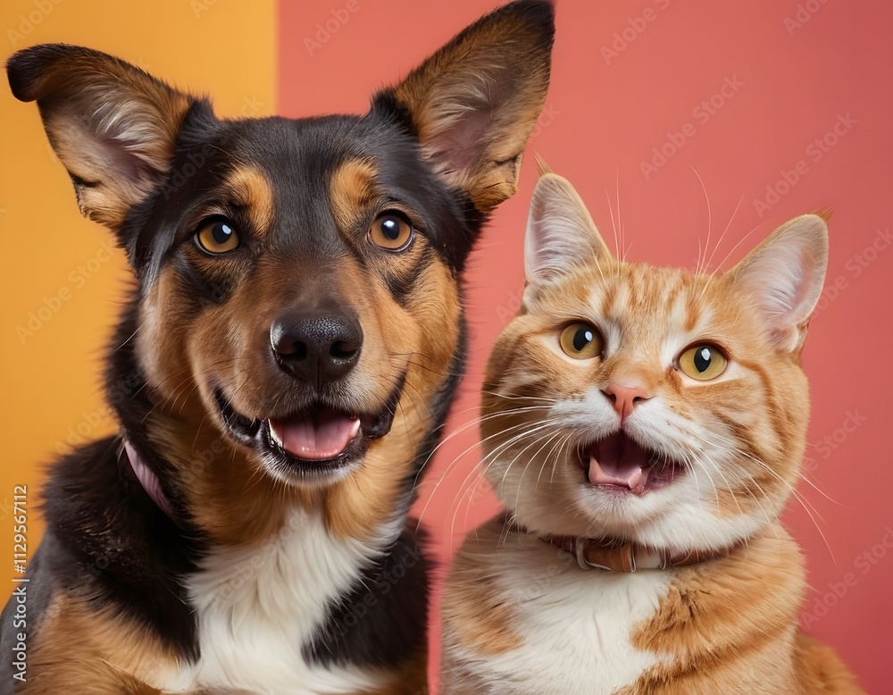 Golden retriever dog and cute cat looking at camera, Isolated on pink, yellow background closeup Golden retriever dog and cute cat looking at camera, Isolated on pink, yellow background closeup