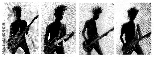 Grafik aus dem Set: schwarz, weiß, siebdruck, stencil, cover, punk, grunge, pointilismus und mehr