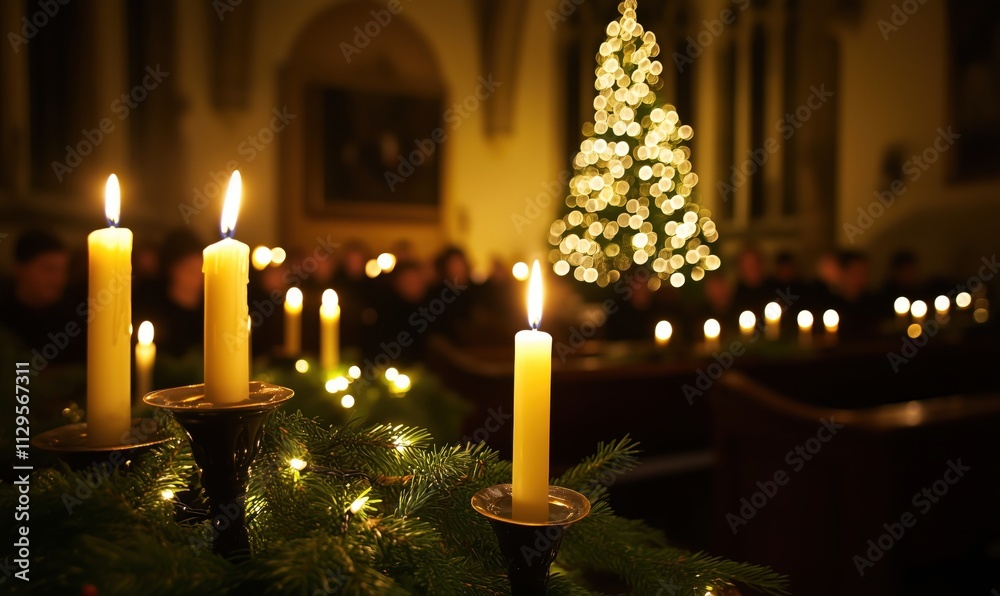 Candlelit Christmas gathering with tree, warm ambiance, soft glow, festive atmosphere, people in background, holiday spirit Candlelit Christmas gathering with tree, warm ambiance, soft glow, festive atmosphere, people in background, holiday spirit