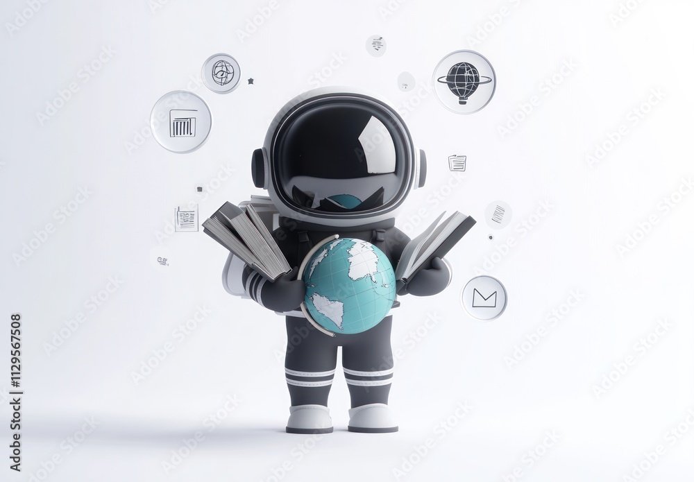 Astronaut studying Earth globe with books and digital icons. Astronaut studying Earth globe with books and digital icons.