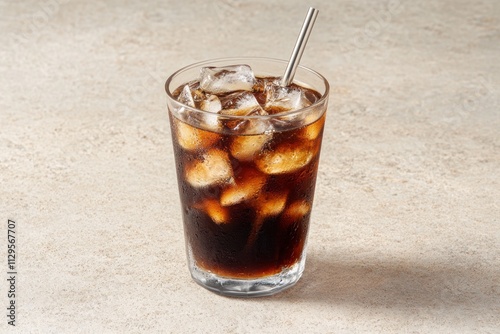 Iced coffee in glass with ice cubes and metal straw on beige surface.