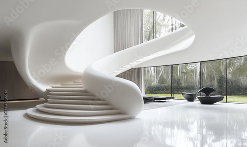 Modern spiral staircase design, sleek white curves, large windows, natural light, minimalist interior, contemporary furniture, elegant space
