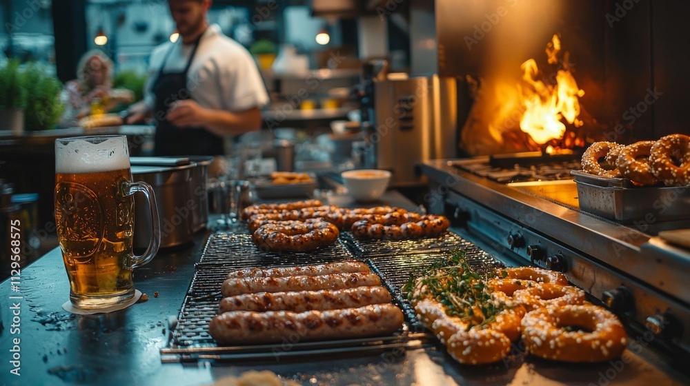 Amidst the warmth of a German kitchen, sausages sizzle on the grill while pretzels bake golden brown. A frothy beer stands ready, capturing the spirit of a lively culinary gathering Amidst the warmth of a German kitchen, sausages sizzle on the grill while pretzels bake golden brown. A frothy beer stands ready, capturing the spirit of a lively culinary gathering