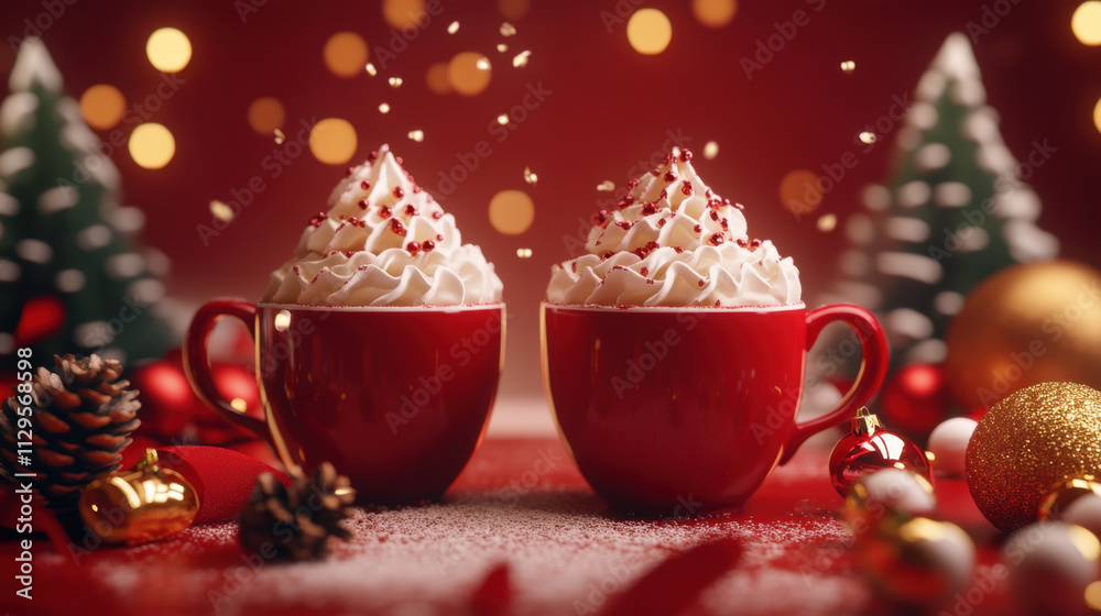 Two red mugs overflowing with whipped cream sit surrounded by holiday ornaments and pinecones, creating a warm and festive atmosphere during the Christmas season. Two red mugs overflowing with whipped cream sit surrounded by holiday ornaments and pinecones, creating a warm and festive atmosphere during the Christmas season.