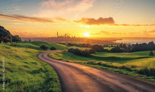 Sunset over Auckland skyline, lush green hills, winding road