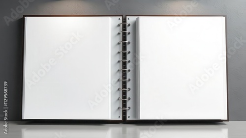 An open vertical photo album mockup with blank pages showcasing a customizable design, presentation, showcase