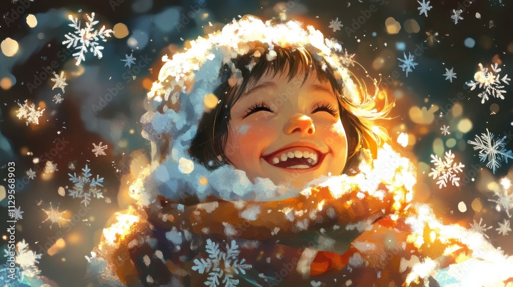 Snowflakes catching on the wool scarf of a smiling child Snowflakes catching on the wool scarf of a smiling child