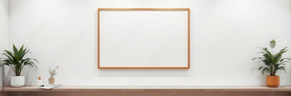A realistic hanging poster mockup featuring a blank canvas with a wooden frame against a white wall background, canvas, presentation, modern A realistic hanging poster mockup featuring a blank canvas with a wooden frame against a white wall background, canvas, presentation, modern
