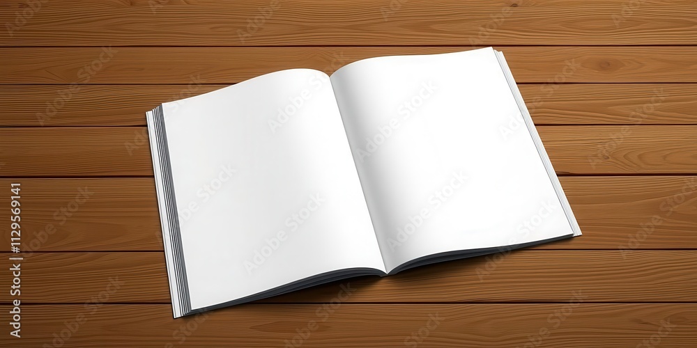 A realistic open magazine mockup with blank pages on a wooden table, advertising, paper A realistic open magazine mockup with blank pages on a wooden table, advertising, paper