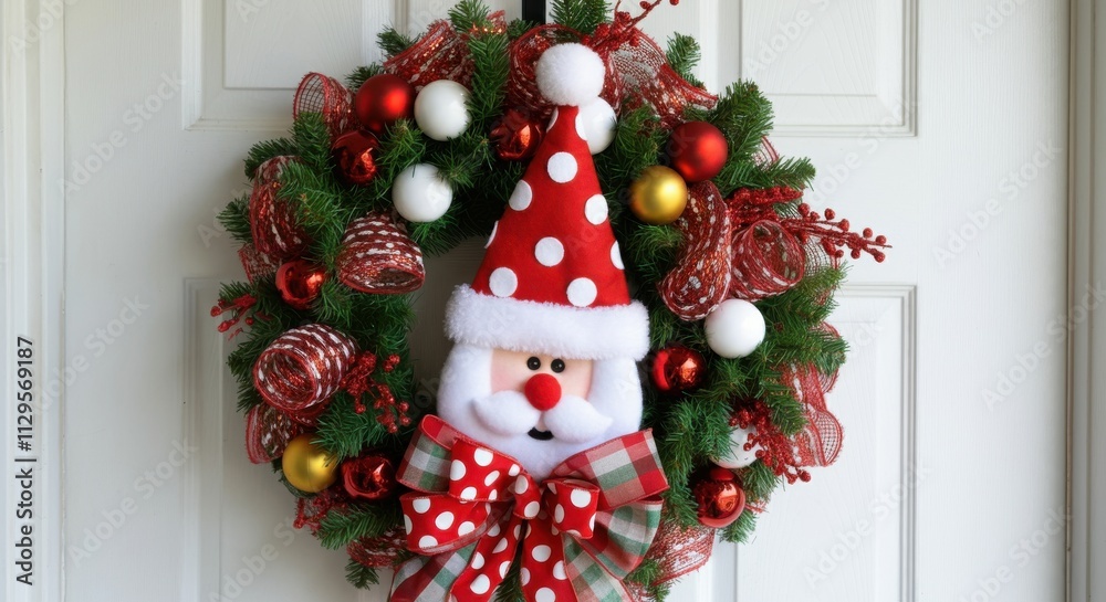 A festive Christmas wreath hanging on a white door composed of Christmas ornaments at the center of the wreath is a red Santa hat and a red polka dot bow Home decor DIY idea A festive Christmas wreath hanging on a white door composed of Christmas ornaments at the center of the wreath is a red Santa hat and a red polka dot bow Home decor DIY idea