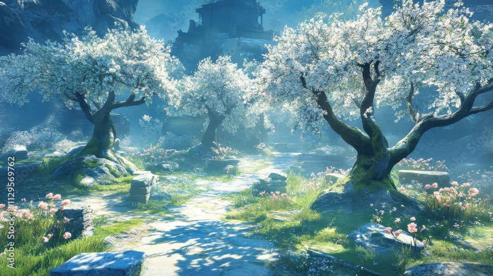 Fototapeta premium A serene landscape with blooming trees, a pathway, and a tranquil atmosphere.